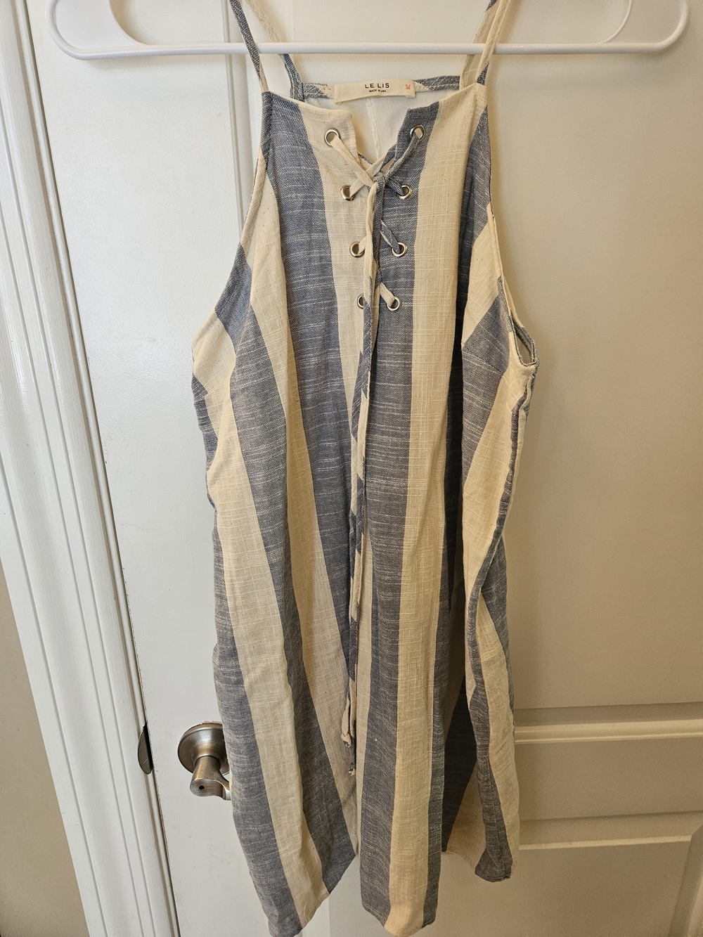 Le Lis Blue and Cream Striped Lace-Up Mini Dress